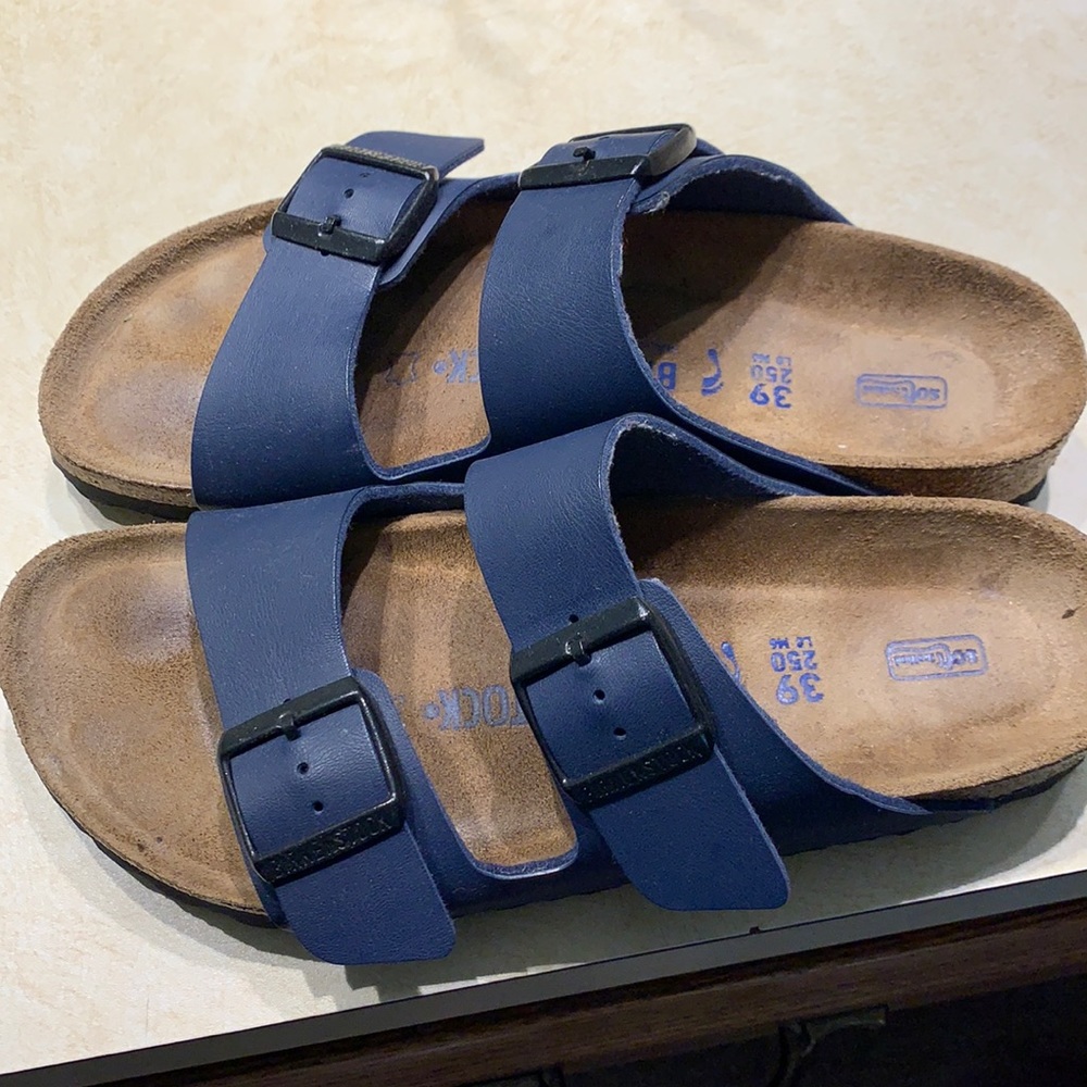 Birkenstock leather sandals, navy blue